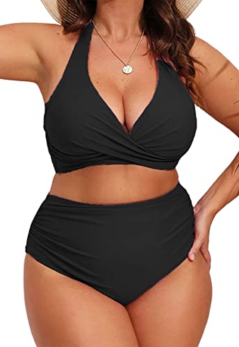 Yutdeng Bikini Damen Große Größen High Waist Bauchweg Bikini Push Up Twist Front Triangel Neckholder Bikini Gepolstert V Ausschnitt Große Brüste Bademode Plus Size Badeanzug,Schwarz,3XL von Yutdeng