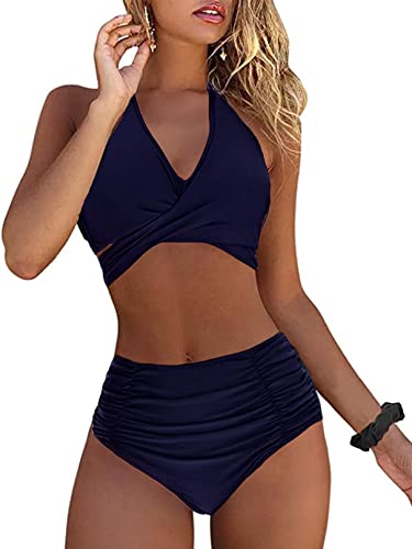 Yutdeng Bikini Damen High Waist Push Up Bikini Bauchweg Crossover Neckholder Bikini Oberteil Gepolstert Zurück Ties-Up V Ausschnitt Bikinihose Bademode Zweiteiliger Badeanzug,Marineblau,M von Yutdeng