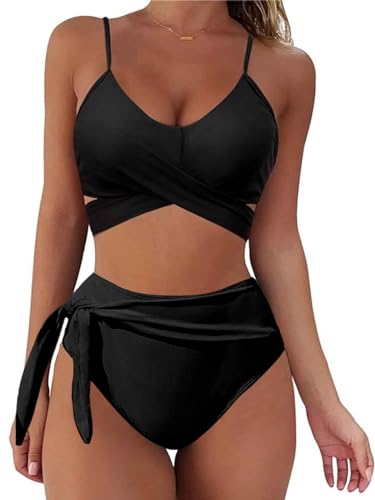 Yutdeng Bikini Damen Set Sexy Zweiteiliger Badeanzug Damen Bauchweg Knot High Waist Badeanzüge für Damen Cross Wickel Tie Bademode Push Up Bikini Set Gepolstertes Bikini Oberteil Große Brüste Swimsuit von Yutdeng