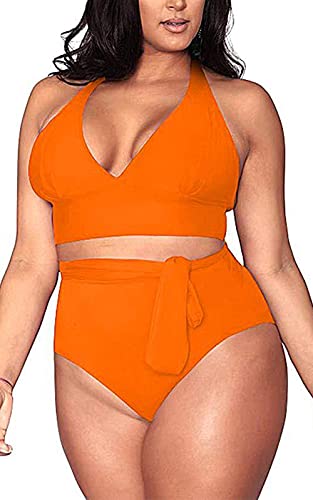 Yutdeng Bikini Große Größen Breites Unterbrustband Bademode Damen Zweiteilige Badeanzüge Plus Size Wickeloptik Bikini Übergröße Neckholder-Bikini Bauchkontrolle Bikinihose Gebunden,Orange,L von Yutdeng