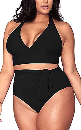 Yutdeng Bikini Große Größen Breites Unterbrustband Bademode Damen Zweiteilige Badeanzüge Plus Size Wickeloptik Bikini Übergröße Neckholder-Bikini Bauchkontrolle Bikinihose Gebunden,Schwarz,L von Yutdeng