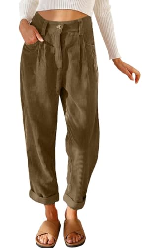 Yutdeng Cordhose Damen High Waist Hosen Elegant Locker Freizeithose Lang mit Taschen Elastischer Bund Corduroy Stoffhose Bequem Gerades Bein Weite Hose Herbst Winter Corduroy Pants,Dunkelbraun,L von Yutdeng
