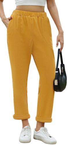 Yutdeng Cordhose Damen Lockere Hosen Freizeithose mit Taschen Cord Hosen High Waist Tapered Hose Elegant Weite Stoffhose Corduroy Pants Wide Leg Hose Herbst Winter Cordhosen für Damen,Gelb,S von Yutdeng