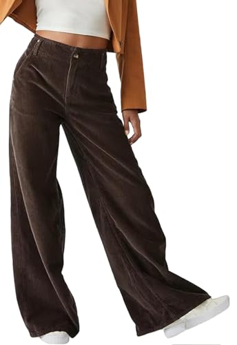 Yutdeng Cordhose Damen Weites Bein Lockere Hosen High Waist mit Taschen Freizeithose Lang Corduroy Pants Weite Hose Elegant Stoffhose Cordhosen für Damen Wide Leg Hose Herbst Winter,Braun,S von Yutdeng