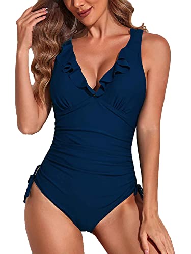 Yutdeng Damen Badeanzug Rüschen V Ausschnitt Monokini Bauchweg Einteilige Bademode Push Up High Waist Badebekleidung Rückfrei Wickeloptik Swimsuit mit Kordelzug Side,Marineblau,S von Yutdeng