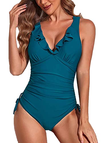 Yutdeng Damen Badeanzug Rüschen V Ausschnitt Monokini Bauchweg Einteilige Bademode Push Up High Waist Badebekleidung Rückfrei Wickeloptik Swimsuit mit Kordelzug Side,Pfauenblau,L von Yutdeng