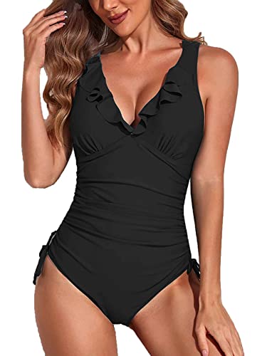 Yutdeng Damen Badeanzug Rüschen V Ausschnitt Monokini Bauchweg Einteilige Bademode Push Up High Waist Badebekleidung Rückfrei Wickeloptik Swimsuit mit Kordelzug Side,Schwarz,M von Yutdeng