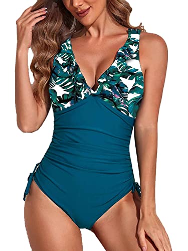 Yutdeng Damen Badeanzug Rüschen V Ausschnitt Monokini Bauchweg Einteilige Bademode Push Up High Waist Badebekleidung Rückfrei Wickeloptik Swimsuit mit Kordelzug Side,Weiß,L von Yutdeng