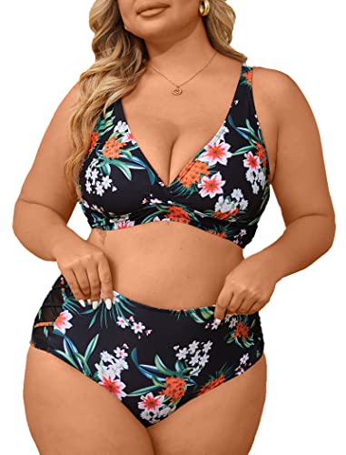 Yutdeng Damen Bikini Set Plus Size Triangel Tiefem V Ausschnitt Swimsuit Crossover Back Push Up Bademode Bauchweg Bikini Oberteil High Waist Bikinihose Mesh Groß Größe Badeanzug,Grün,4XL von Yutdeng