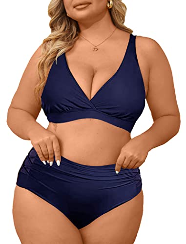 Yutdeng Damen Bikini Set Plus Size Triangel Tiefem V Ausschnitt Swimsuit Crossover Back Push Up Bademode Bauchweg Bikini Oberteil High Waist Bikinihose Mesh Groß Größe Badeanzug,Marineblau,3XL von Yutdeng