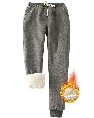 Yutdeng Damen Hose Warme Jogginghose Fleece Hosen Winter Thermo Sporthosen Sherpa Gefüttert Sweathose Frauen Sweatpants Verdickter Trainingshose Lang Casual Jogger Hose mit Taschen,Dunkelgrau,M von Yutdeng