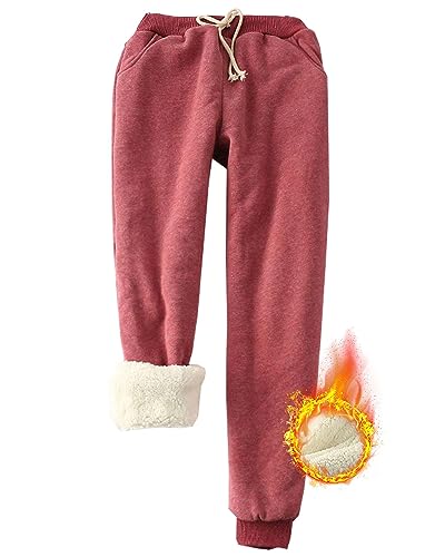 Yutdeng Damen Hose Warme Jogginghose Fleece Hosen Winter Thermo Sporthosen Sherpa Gefüttert Sweathose Frauen Sweatpants Verdickter Trainingshose Lang Casual Jogger Hose mit Taschen,Weinrot,XXL von Yutdeng