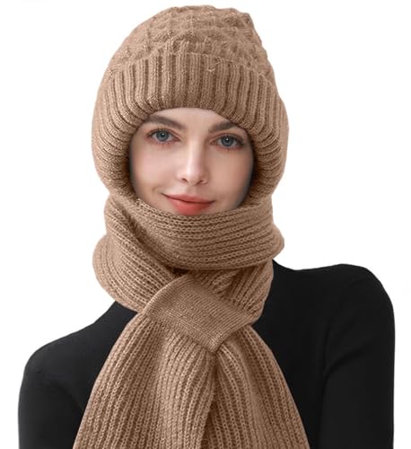 Yutdeng Damen Hut Schal Einteiler Winter Warm Kapuzenschal Frauen Gestrickt Dicker Einteiliger Strickmütze Winterschal 2 in 1 Integrierter Gehörschutz Winddichte Strick Mütze mit Schal Hutschal Thermo von Yutdeng