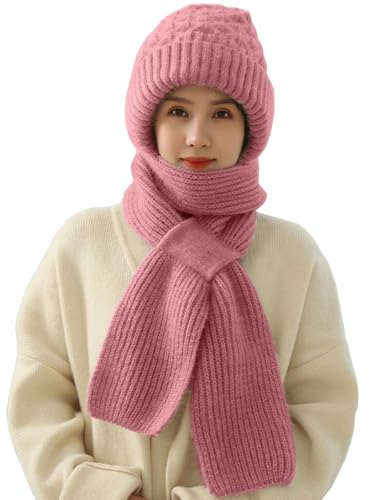 Yutdeng Damen Hut Schal Einteiler Winter Warm Kapuzenschal Frauen Gestrickt Dicker Einteiliger Strickmütze Winterschal 2 in 1 Integrierter Gehörschutz Winddichte Strick Mütze mit Schal Hutschal Thermo von Yutdeng