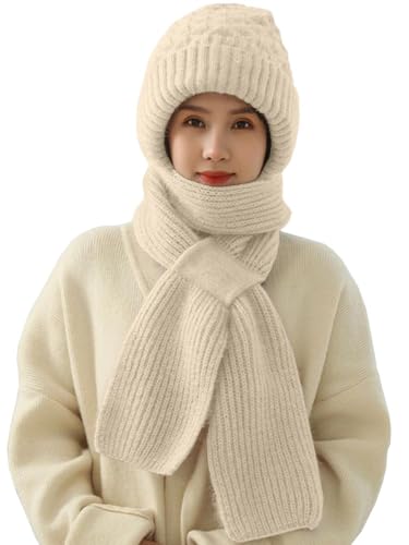 Yutdeng Damen Hut Schal Einteiler Winter Warm Kapuzenschal Frauen Gestrickt Dicker Einteiliger Strickmütze Winterschal 2 in 1 Integrierter Gehörschutz Winddichte Strick Mütze mit Schal Hutschal Thermo von Yutdeng