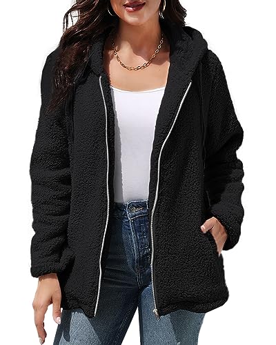 Yutdeng Damen Kapuzenpullover Winter Plüschjacke Warm Fleecejacke mit Tasche Kapuzenjacke Lässige Kapuzenpullover Damen mit Zip Hoodie Plüsch Winterjacken Teddy Fleece Jacke Verdickt Bequem,Schwarz,S von Yutdeng