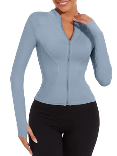 Yutdeng Damen Laufjacke Langarm Sportjacke Yoga Jacke Leicht Trainingsjacke Sport Oberteil Slim Fit Gym Top Voll Zip Fitness Shirt Funktionsjacke Atmungsaktive Sweatjacke mit Reißverschluss Daumenloch von Yutdeng