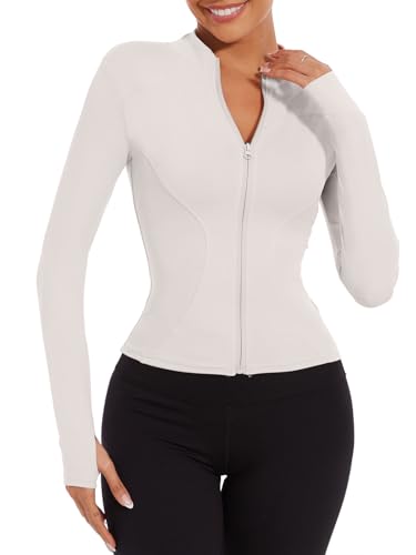 Yutdeng Damen Laufjacke Langarm Sportjacke Yoga Jacke Leicht Trainingsjacke Sport Oberteil Slim Fit Gym Top Voll Zip Fitness Shirt Funktionsjacke Atmungsaktive Sweatjacke mit Reißverschluss Daumenloch von Yutdeng