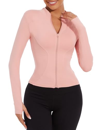 Yutdeng Damen Laufjacke Langarm Sportjacke Yoga Jacke Leicht Trainingsjacke Sport Oberteil Slim Fit Gym Top Voll Zip Fitness Shirt Funktionsjacke Atmungsaktive Sweatjacke mit Reißverschluss Daumenloch von Yutdeng