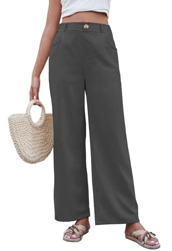 Yutdeng Damen Leinenhose Sommer Weites Bein Palazzo Hose Casual Hosen Baumwolle Leinen Leichte Sommerhose Stretch High Waist Stoffhose Lang Freizeithose Bequeme Einfarbig Strandhose Loose mit Taschen von Yutdeng