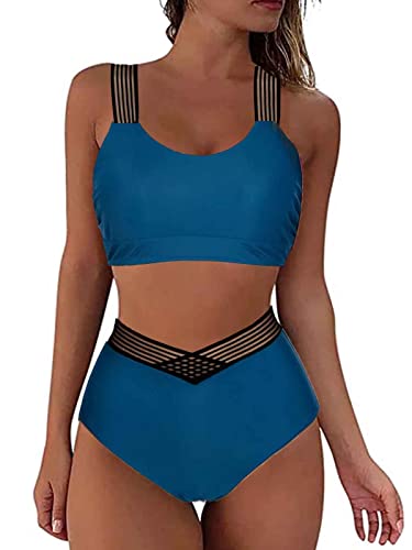 Yutdeng Damen Push Up Bikini Sets Hohe Taille Swimmwear Sexy Elegant Swimsuit Sets Sport Zweiteilig Bademode mit Elastische Trägern Breites Unterbrustband Badeanzüge Abnehmbar Chic,Blau,L von Yutdeng