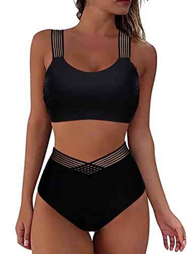 Yutdeng Damen Push Up Bikini Sets Hohe Taille Swimmwear Sexy Elegant Swimsuit Sets Sport Zweiteilig Bademode mit Elastische Trägern Breites Unterbrustband Badeanzüge Abnehmbar Chic,Schwarz,L von Yutdeng