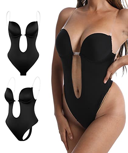 Yutdeng Damen Rückenfreier Body Shaper BH Push Up Unterwäsche Figurformender Bodysuit Unsichtbar Shapewear Verstellbarer Tanga Tiefer U-Ausschnitt Bodysuit Komfort für Partykleid,Schwarz,XL von Yutdeng