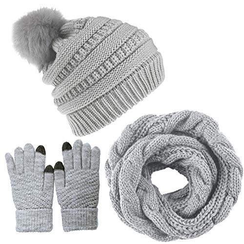 Yutdeng Damen Winter Warm Knit Mütze Hut Schal Handschuhe Set Touchscreen-Handschuhe Strick mit Kreis Loop Schal Fleece Gefüttert für Ski 3-in-1 Winter-Set(Grau,One size) von Yutdeng