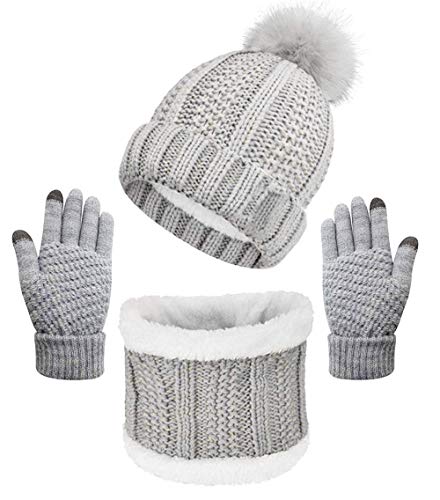 Yutdeng Damen Winter Warm Knit Mütze Hut Schal Handschuhe Set Touchscreen-Handschuhe Strick mit Kreis Loop Schal Fleece Gefüttert für Ski 3-in-3 Winter-Set(Grau,Einheitsgröße) von Yutdeng