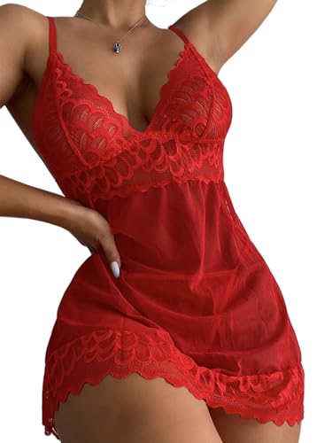 Yutdeng Dessous Damen Sexy Negligee Babydoll Nachthemd Spitze Unterwäsche Perspektive Nachtwäsche Lingerie Rückenfreie Reizwäsche Kleid Tief V Muschelförmiger Ausschnitt Bodysuit Schlafanzug von Yutdeng