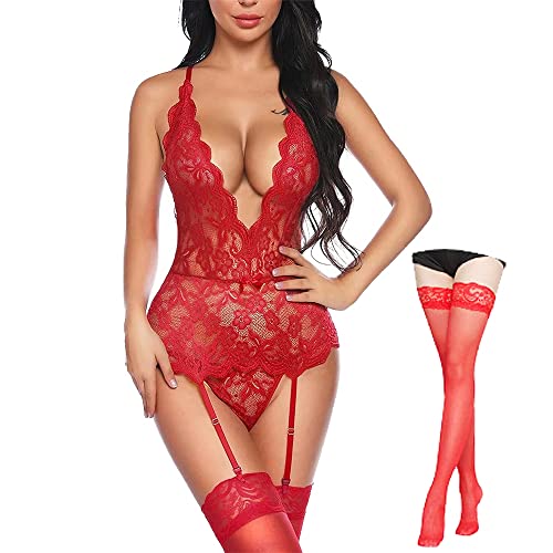 Yutdeng Dessous Set Damen Reizwäsche Body mit Strapsen Dessous Sexy Rückenfrei Spitze Bodysuit Unterwäsche V-Ausschnitt Lingerie Babydoll Strapsen Nachtwäsche,Rot,XL von Yutdeng