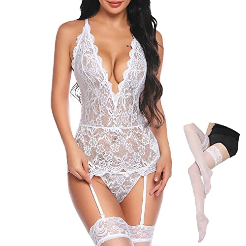 Yutdeng Dessous Set Damen Reizwäsche Body mit Strapsen Dessous Sexy Rückenfrei Spitze Bodysuit Unterwäsche V-Ausschnitt Lingerie Babydoll Strapsen Nachtwäsche,Weiß,S von Yutdeng