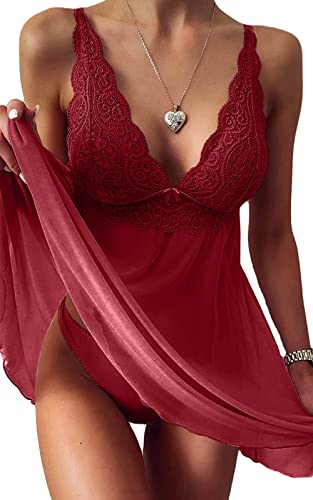 Yutdeng Dessous Set Damen Spitze Negligee V-Ausschnitt Lingerie Babydoll Nachtwäsche Set Nachtkleid mit G-String Sleepwear Strapsen Reizwäsche Nachtkleid mit Panties,Rotwein,M von Yutdeng