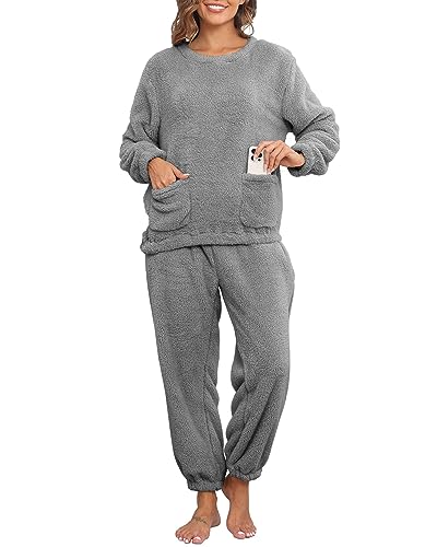 Yutdeng Fleece Schlafanzug Damen Lang Winter Fleece Pyjama Herren Unisex Hausanzug Damen Kuschelig Warm Nachtwäsche Loungewear Set Langarm Oberteile und Hosen mit Taschen Sleepwear,Dunkelgrau,XL von Yutdeng