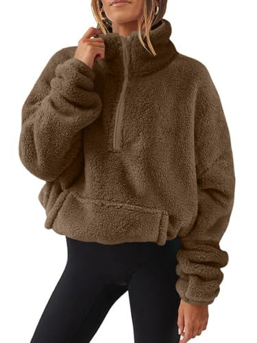 Yutdeng Fleecepullover Damen Sweatshirt ohne Kapuze Warmer Teddy Hoodie Oversize mit Taschen Stehkragen Half Zip Pullover Plüsch Hoody Flauschige Teddyfleece Jacke Fleecepulli Damen,Braun,XXL von Yutdeng