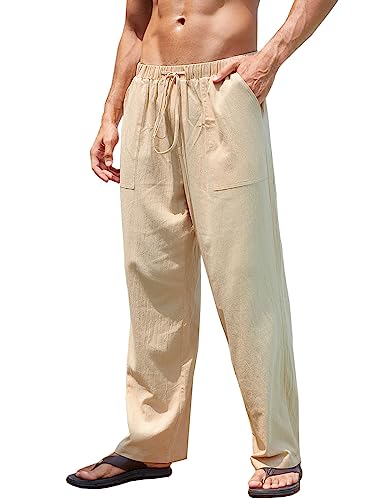 Yutdeng Herren Hose Lang Leinen Baumwolle Hose mit Kordelzug Leicht Freizeithose Casual Leinenhose mit Taschen Gerade Hosen Urlaub Strandhose Einfarbig Sommerhose für Männer,Khaki,L von Yutdeng