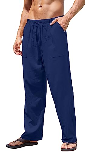 Yutdeng Herren Hose Lang Leinen Baumwolle Hose mit Kordelzug Leicht Freizeithose Casual Leinenhose mit Taschen Gerade Hosen Urlaub Strandhose Einfarbig Sommerhose für Männer,Marineblau,L von Yutdeng