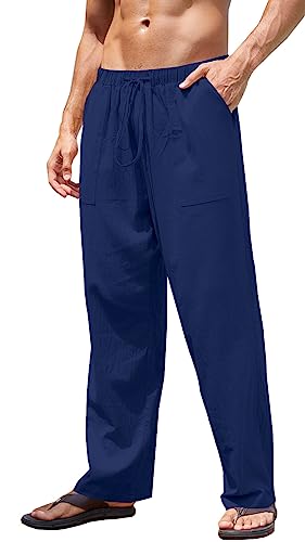 Yutdeng Herren Hose Lang Leinen Baumwolle Hose mit Kordelzug Leicht Freizeithose Casual Leinenhose mit Taschen Gerade Hosen Urlaub Strandhose Einfarbig Sommerhose für Männer,Marineblau,M von Yutdeng
