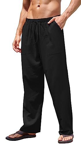 Yutdeng Herren Hose Lang Leinen Baumwolle Hose mit Kordelzug Leicht Freizeithose Casual Leinenhose mit Taschen Gerade Hosen Urlaub Strandhose Einfarbig Sommerhose für Männer,Schwarz,S von Yutdeng