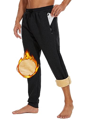 Yutdeng Herren Hose Warme Jogginghose Casual Sporthose Winter Fleece Sweatpants Sherpa Gefüttert Hosen mit Reißverschlusstaschen Männer Jogger Sweathose Elastisch Freizeithose Thermo Mode,Schwarz,XXL von Yutdeng