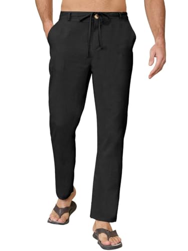 Yutdeng Herren Leinenhose Lang Leicht Sommerhose Strandhose mit Kordelzug Leinenhosen Baumwolle Leinen Hose Sommer mit Taschen Lange Sommerhosen Herren Freizeithose Stoffhose Yogahose,Schwarz,M von Yutdeng