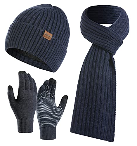 Yutdeng Herren Winter Warme Strickmütze Hut Schal Handschuhe Set Wintermütze Beanie Mütze Winterschal Touchscreen Handschuhe mit Fleecefutter (Blau) von Yutdeng