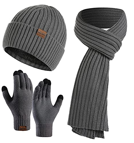 Yutdeng Herren Winter Warme Strickmütze Hut Schal Handschuhe Set Wintermütze Beanie Mütze Winterschal Touchscreen Handschuhe mit Fleecefutter (Grau) von Yutdeng