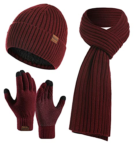 Yutdeng Herren Winter Warme Strickmütze Hut Schal Handschuhe Set Wintermütze Beanie Mütze Winterschal Touchscreen Handschuhe mit Fleecefutter (Rot) von Yutdeng