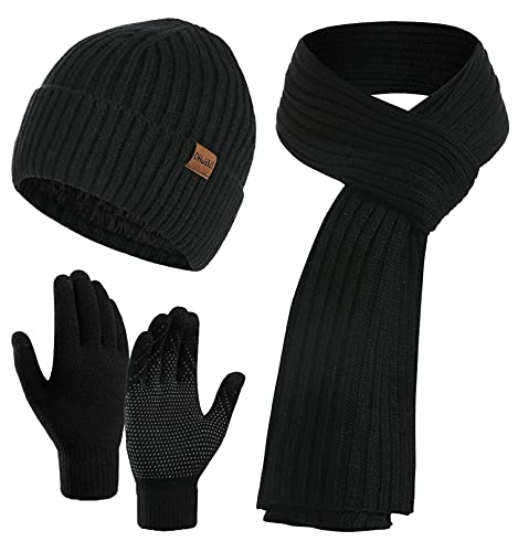 Yutdeng Herren Winter Warme Strickmütze Hut Schal Handschuhe Set Wintermütze Beanie Mütze Winterschal Touchscreen Handschuhe mit Fleecefutter (Schwarz) von Yutdeng