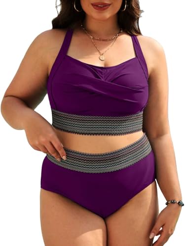 Yutdeng High Waist Bikini Damen Set Große Größe Bademode Bauchweg Plus Size Bikini Push Up Gepolstert Hohe Taille Bikini mit Hohem Bund Besatz Badeanzug Zweiteilig Bikini Grosse Grössen,Violett,XL von Yutdeng