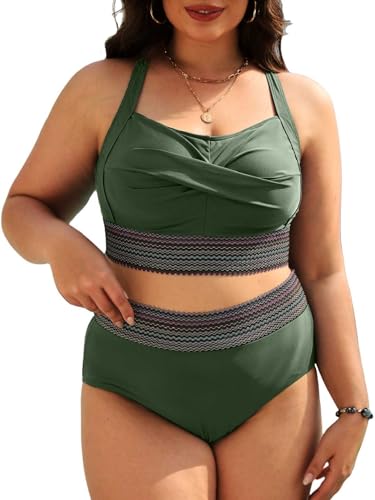 Yutdeng High Waist Bikini Damen Set Große Größe Bademode Bauchweg Plus Size Bikini Push Up Gepolstert Hohe Taille Bikini mit Hohem Bund Besatz Badeanzug Zweiteilig Bikini Grosse Grössen,Grün,XL von Yutdeng
