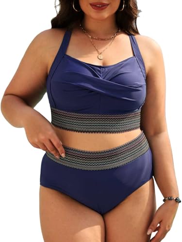 Yutdeng High Waist Bikini Damen Set Große Größe Bademode Bauchweg Plus Size Bikini Push Up Gepolstert Hohe Taille Bikini mit Hohem Bund Besatz Badeanzug Zweiteilig Bikini Grosse Grössen,Marine,XL von Yutdeng