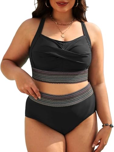 Yutdeng High Waist Bikini Damen Set Große Größe Bademode Bauchweg Plus Size Bikini Push Up Gepolstert Hohe Taille Bikini mit Hohem Bund Besatz Badeanzug Zweiteilig Bikini Grosse Grössen,Schwarz,L von Yutdeng