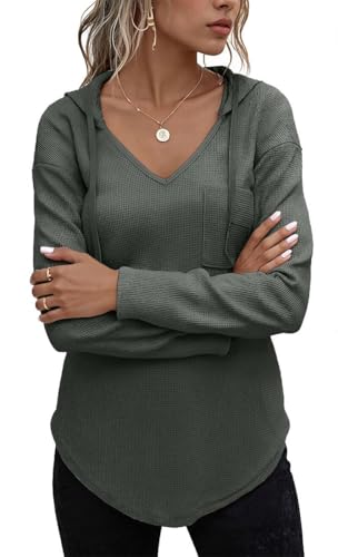 Yutdeng Kapuzenpullover Damen Hoodie mit Kapuze Sweatshirt Dünne Longshirt Langarm Pullover V Ausschnitt Lässige Lange Oberteile für Leggings Long Shirt Damen Herbst Puill Top Loungewear,Dunkelgrün,XL von Yutdeng